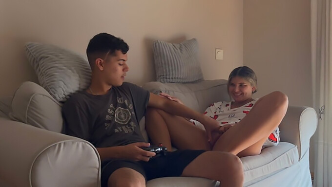 Stepsister interrupts gaming to engage in sexual activities